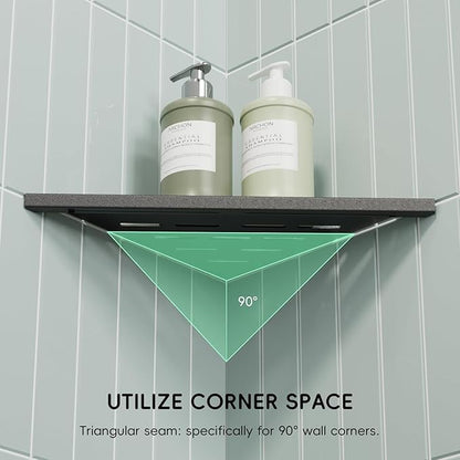 10’’ Shower Corner Shelf, Stainless Steel Shower Shelves with Razor Hole for Bathroom, Grout in Corner Shelf with Hooks for Tiled Wall 2 Pack, Matte Black