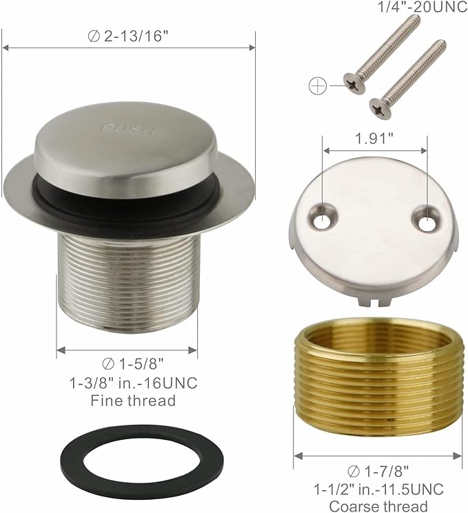 Bathtub Drain Tip Toe Tub Conversion Kit, Replacement Bath Trim with Two-Hole Overflow Faceplate and Universal Fine/Coarse Thread Assembly, Brushed Nickel