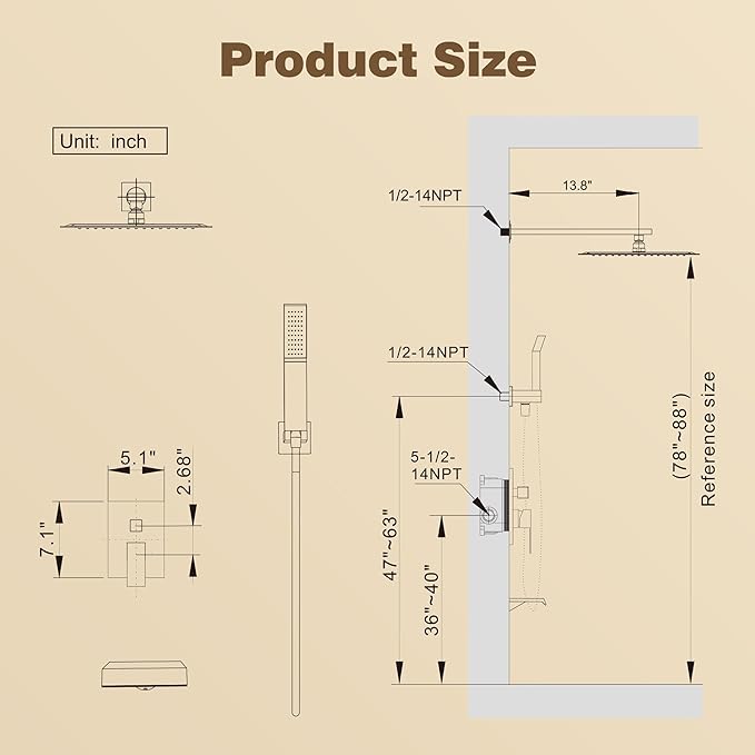 Shower System with Tub Spout, All Metal Tub Shower Faucet Set with 12-Inch Rain Shower Head and Handheld Spray combo, Wall Mounted Shower Combo Set with shower valve and Trim kit,Brushed Gold