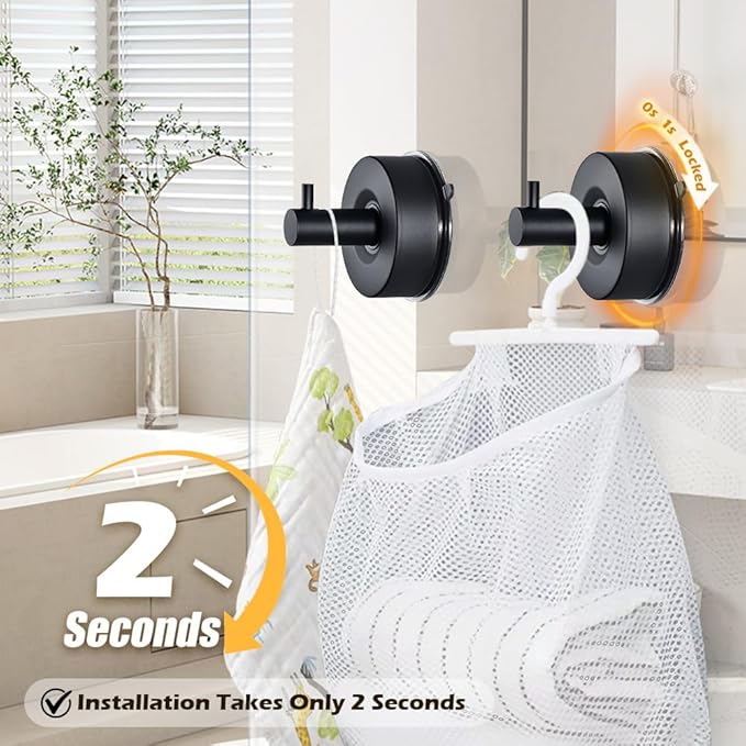 YOHOM Suction Cup Hooks for Shower Wall Bathrooms Towels Hook for Glass Door Heavy Duty (Black, 2 PCS)