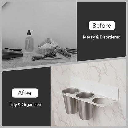 Hair Tool Organizer Wall Mount, Stainless Steel Hair Tool Holder with 2 Heat-Resistant Cups, Curling Iron Holder for Vanity, Hot Tools Organizer with PVC Ring,Hair Dryer Holder for Bathroom