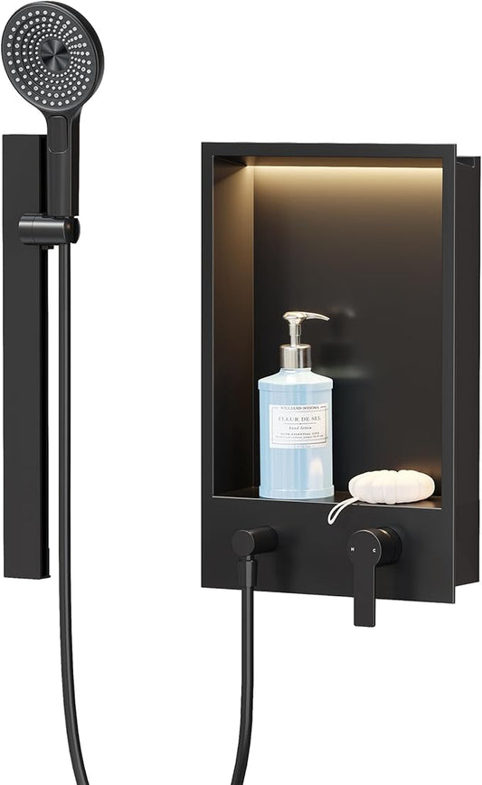 Shower Niche with Round Hand Shower,Sliding Bar and LED Light in Matte Black/Vertical