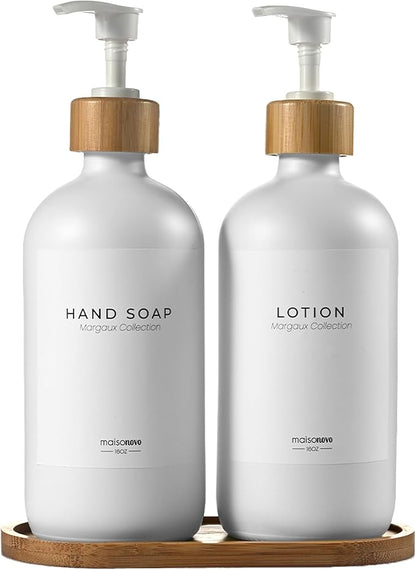 MaisoNovo Glass Soap Dispenser Bathroom Set | Hand Soap and Dish Soap Dispenser Set | 16.9oz White Bottles with White Bamboo Pump | Bathroom Lotion Dispenser with Pump Set of 2