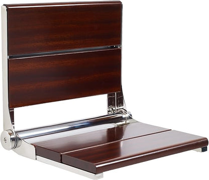 Folding Shower Seat Wall Mounted with Back | 500 lbs Maximum Load Capacity | ADA Compliant Safety Assist Teak Shower Seat for Seniors, Handicapped, and Children | 304 Stainless Steel Frame | 26” x 16”