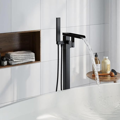 Freestanding Bathtub Faucet, Floor Mount Bathtub Faucet with 2 Water Outlet Modes, Swivel Gooseneck Spout with Hand Shower,Single Handle, Max Flow Rate 7.4 GPM (Waterfall-Black)