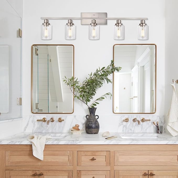 40-Inches Length Bathroom Vanity Lighting Fixtures Over Mirror in Brushed Nickel, 5-Lights Industrial Sconce Wall Lamp with Seeded Glass Shades