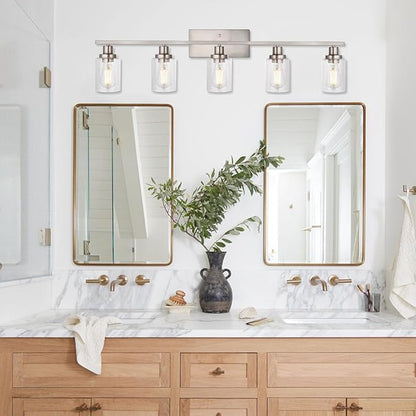 40-Inches Length Bathroom Vanity Lighting Fixtures Over Mirror in Brushed Nickel, 5-Lights Industrial Sconce Wall Lamp with Seeded Glass Shades