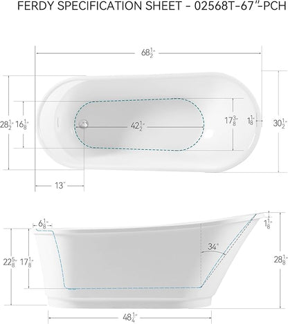 FerdY Langkawi 67" Acrylic Freestanding Bathtub, White Modern Stand Alone Soaking Bathtub, cUPC Certified, Chrome Drain and Minimalist Linear Design Overflow Included, Easy to Install