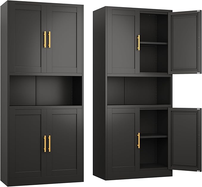 Black Metal Pantry Cabinet with 4 Doors, 2 Adjustable Shelves, 61" H Garage Storage Cabinet for for Home Office, Living Room, Dinning Room