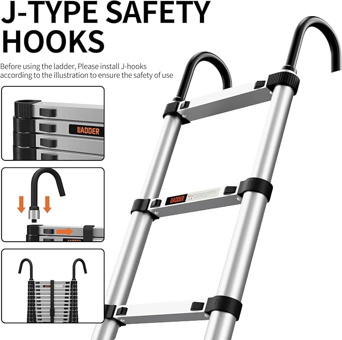 Telescoping Ladder,with Stable Hook and stabilizer barand,Extension Ladder, Heavy Duty 330lbs Max Capacity, Multi-Purpose Collapsible Ladder for RV or Outdoor Work (Aluminum, 8.5FT/2.6M(A-Button))