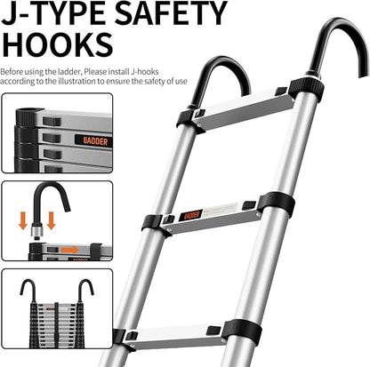 Telescoping Ladder,with Stable Hook and stabilizer barand,Extension Ladder, Heavy Duty 330lbs Max Capacity, Multi-Purpose Collapsible Ladder for RV or Outdoor Work (Aluminum, 8.5FT/2.6M(A-Button))