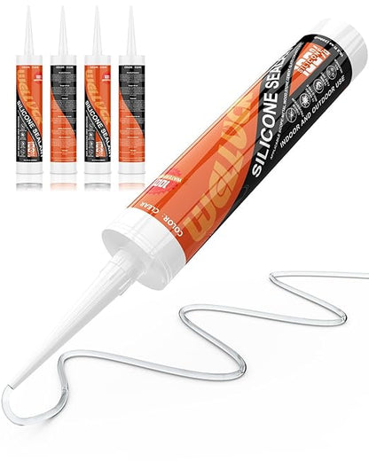 WELLUCK Clear Silicone Caulk, 100% Waterproof Silicone Sealant Adhesive Caulking,for RV, Kitchen,Bathroom, Window, Door, Glass,10.2FL.OZ/300ML (4 Pack)