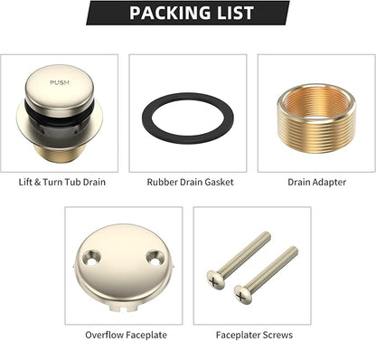 All Metal Tip-Toe Bathtub Drain Kit with Two-Hole Overflow Faceplate and Universal Fine/Coarse Thread Assembly, Bath Tub Drain Kit fits All Bathtub -Brushed Nickel