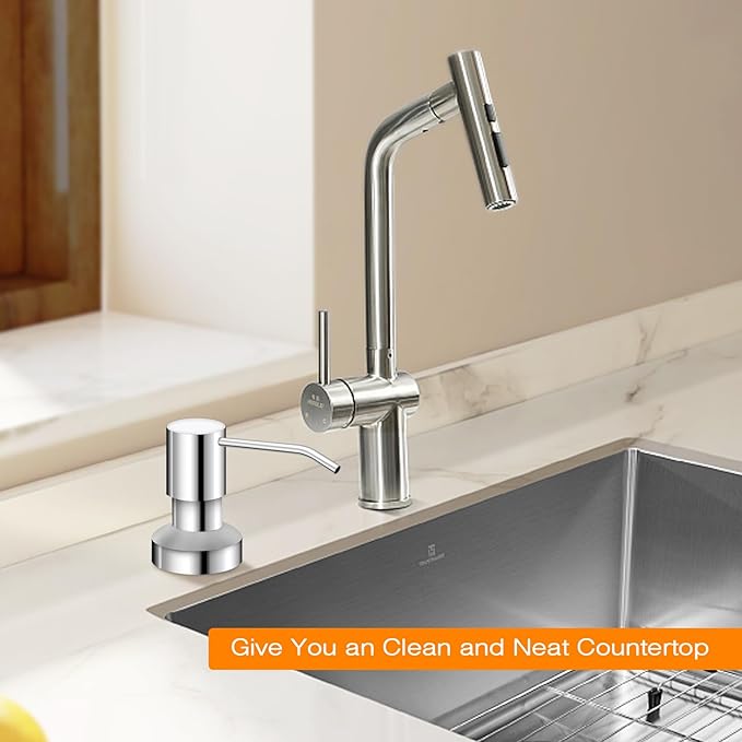 Sink Soap Dispenser for Kitchen Sink, Countertop Built in Sink Soap Dispenser with 47” Extension Tube kit, No Need to Fill The Little Bottle Again (Chrome)