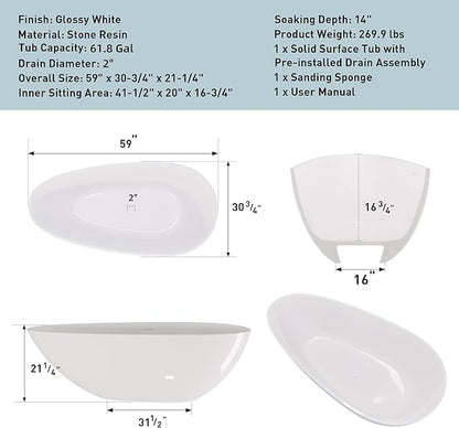 Abruzzo 59“ Solid Surface Freestanding Bathtub, Egg Shell Shaped Stone Resin Freestanding Tubs, Contemporary Oval Soaking Tubwith Overflow in Glossy White, cUPC Certified