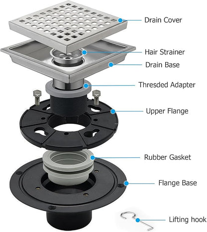 6 Inch Square Shower Floor Drain with Flange,Quadrato Pattern Grate Removable,Food-Grade SUS 304 Stainless Steel,Brushed Nickel