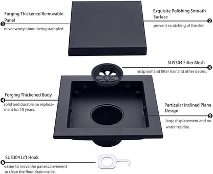 RANDOM Black Shower Drain Square with Removable Tile Insert 6 Inch Drain Cover and Hair Strainer,SUS 304 Stainless Steel Matte Black Shower Floor Drain