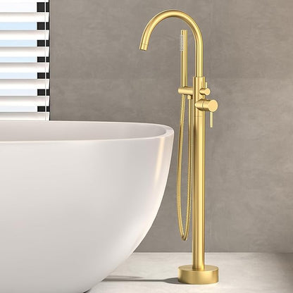 Freestanding Bathtub FaucetFloor Mount Bathtub Filler Shower Mixer Faucet with Handheld Shower Sprayer Swivel, Side Inlet，Gold