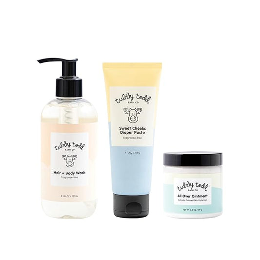 TUBBY TODD Baby Bundle Newborn Skin Care Set - Hypoallergenic Hair + Body Wash, All Over Ointment with Colloidal Oatmeal, Sweet Cheeks Diaper Paste - Fragrance Free, Standard Size