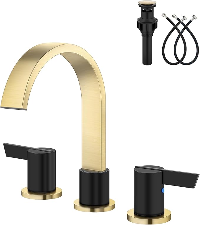 Aolemi Bathroom Faucets 3 Hole,8 Inch Widespread Waterfall Bathroom Sink Faucet,2 Handles Vanity Faucet with Pop-up Drain and Supply Hose,Brushed Gold and Matte Black