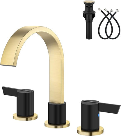 Aolemi Bathroom Faucets 3 Hole,8 Inch Widespread Waterfall Bathroom Sink Faucet,2 Handles Vanity Faucet with Pop-up Drain and Supply Hose,Brushed Gold and Matte Black