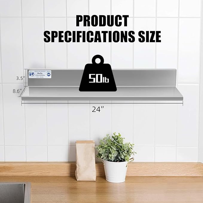 Hally Stainless Steel Wall Shelf 8.6 x 24 Inches 50 lb, NSF Commercial Heavy Duty Wall Mount Floating Shelving for Restaurant, Kitchen, Home, Hotel and Bar, 2 Pack
