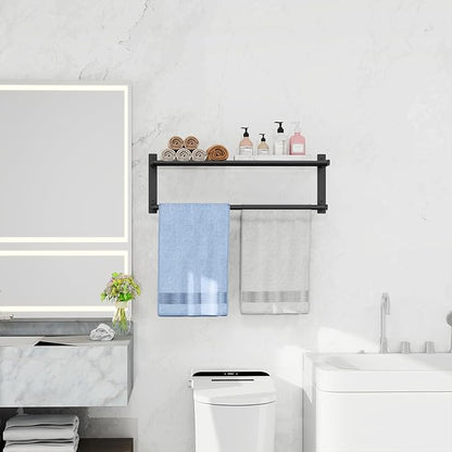 Towel Racks for Bathroom, 24 Inch Bath Towel Shelf with Double Towel Bar, Stainless Steel Towel Rack Wall Mounted, 2 Tier Towel Storage for Bathroom Wall Mounted, Black