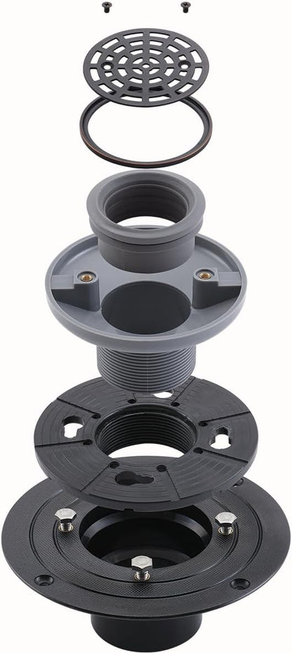 RANDOM Round Shower Drain SUS304 Stainless Steel Oil Rubbed Bronze Shower Drain 4 inch with Adjustable PVC Base Flange,Shower Floor Drain with Removable Cover Grid Grate