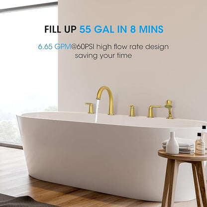 Roman Tub Faucet Set with Hand Shower, KRUZOO Bathtub Faucet Set Trim Kit with Rough-in Valve, Deck Mount Widespread 5 Hole Brass Tub Filler, KZ-9609BG, Brushed Gold