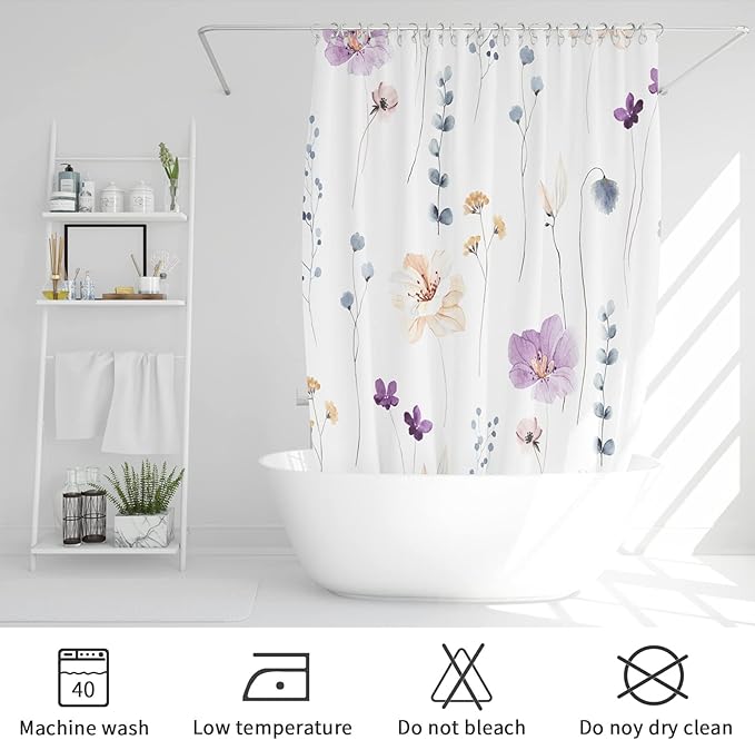 Gibelle Small Stall Shower Curtain 36 x 72, Narrow Half Watercolor Floral Fabric Shower Curtain, Purple Beige Flower Decorative Bathroom Shower Curtain Set