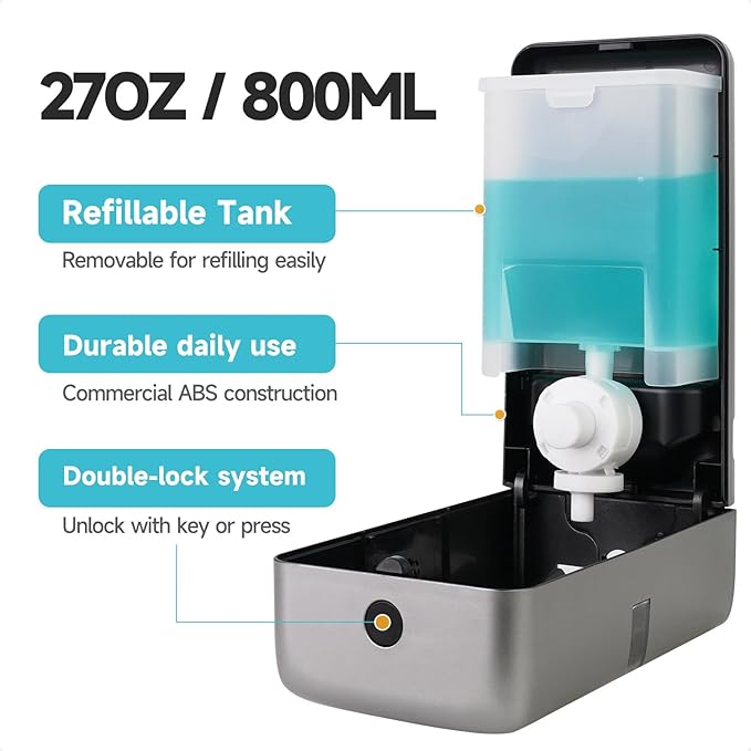 AIKE Wall Mount Liquid Soap Dispenser, 27oz Large Capacity with Extended Pump for Commercial Bathrooms,AK1008(Silver)