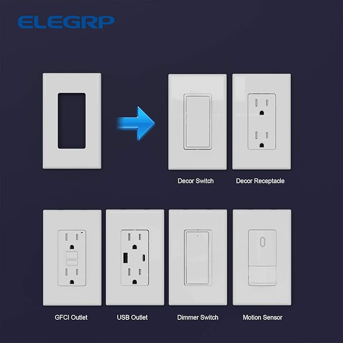 ELEGRP 1-Gang Glossy White Screwless Decorator Wall Plates, Standard Size Unbreakable Thermoplastic Faceplate Cover for Decorator Receptacle Outlet Switch, UL Listed, 5 Pack