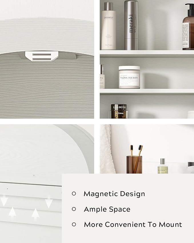 Arched Wall Cabinet with Acrylic Door, Large Wooden Wall Mounted Bathroom Cabinet, Modern Hanging Medicine Cabinet with Adjustable Shelf and Open Shelf, White