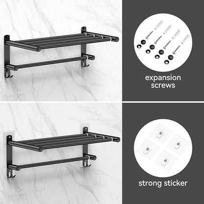 Black Adjustable Towel Bar for Bathroom Wall Mount17-30.7inch Adhesive Shower Towel Rack Stainless Steel Bath Towel Holders for Toilet Kitchen Double Towel Hanger (Black 2-Layer Towel Rack)