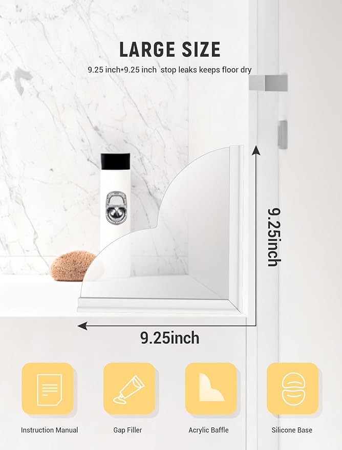 2 Pack Large Shower Splash Guard Kit, Upgrade 9.25 x 9.25 Bathtub Shower Water Splash Guards, Self-Adhesive Shower Guards to Keep Water in Shower, Shower Water Blocker from Splashing Out