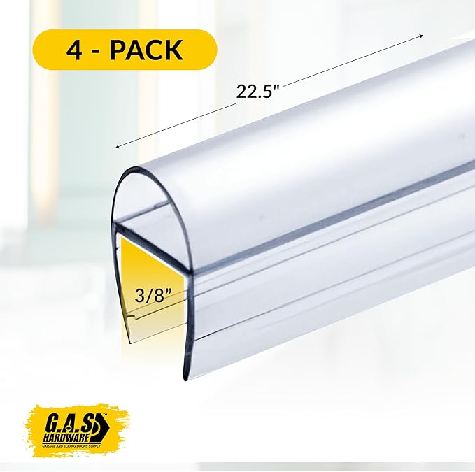 3/8" (10mm) Frameless Shower Door Seal – U-Type 22.5" (57.2cm) Ultra-Clear Bottom & Side Drip Rail Sweep Strips, 4 Pieces for Leak Protection, Water Control & Easy DIY Installation