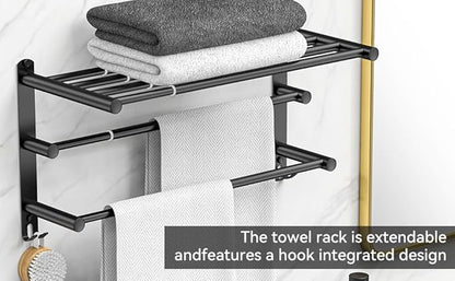 Black Adjustable Towel Bar for Bathroom Wall Mount17-30.7inch Adhesive Shower Towel Rack Stainless Steel Bath Towel Holders for Toilet Kitchen Double Towel Hanger (Black 3-Layer Towel Rack)