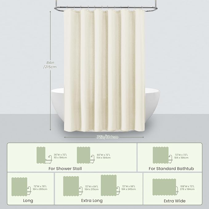 Inhousolu Fabric Shower Curtain Waffle Weave, 230 GSM Heavy Duty, Weighted Hem, 14 Metal Hooks, Water Repellent, Machine Washable, Hotel Spa Luxury Bath Curtain Set, 72 x 84 Inch, Ivory