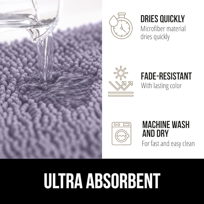 GORILLA GRIP Bath Rug Mat 36x24 Thick Soft Absorbent Chenille, Quick Dry Microfiber Mats, Rubber Backing Washable Shower Floor Rugs, Bathmat Runner Bathroom Home Decor Accessories Light Purple