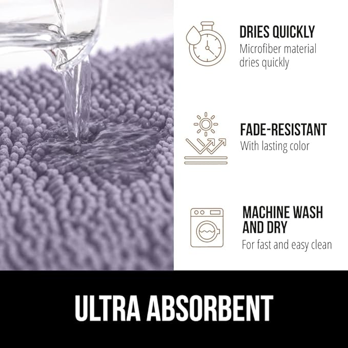GORILLA GRIP Bath Rug Mat 30x20, Soft Absorbent Chenille, Quick Dry Microfiber Mats, Rubber Backing Washable Shower Floor Rugs, Bathmat Runner, US Designed Bathroom Decor Accessories Light Purple