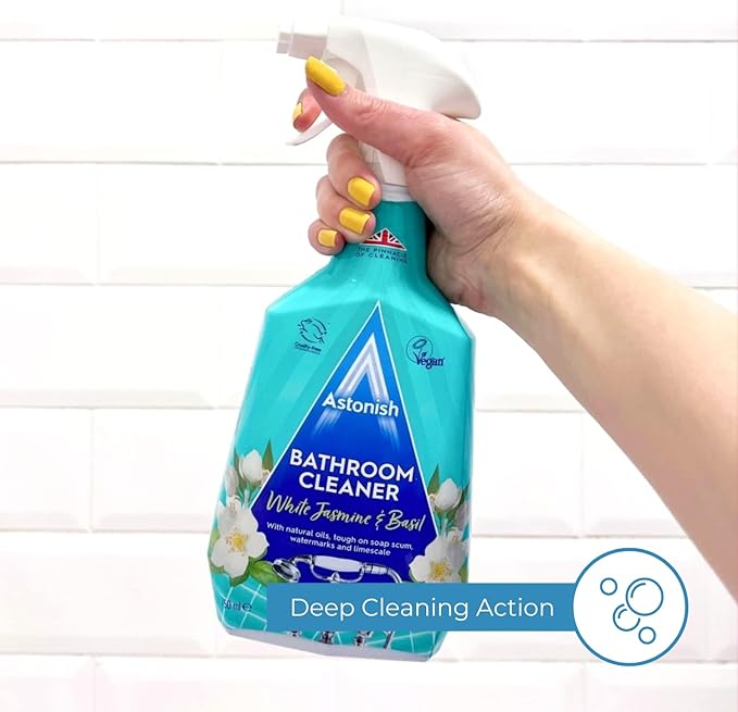 Astonish Streak Free Foaming Bathroom Cleaner Spray Bottle 3 Pack - Deep Cleaning White Jasmine & Basil Scented Spray for Soap Scum, Watermarks & Limescale - Cleaning Supplies, 750 ml Bottle