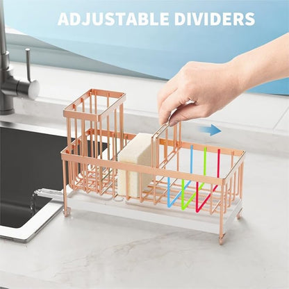 Cisily Rose Gold Sponge Holder for Kitchen Sink, Sink Caddy Organizer with High Brush Holder, Kitchen Countertop Organizers and Storage Essentials, Rustproof 304 Stainless Steel, Soap Dispenser