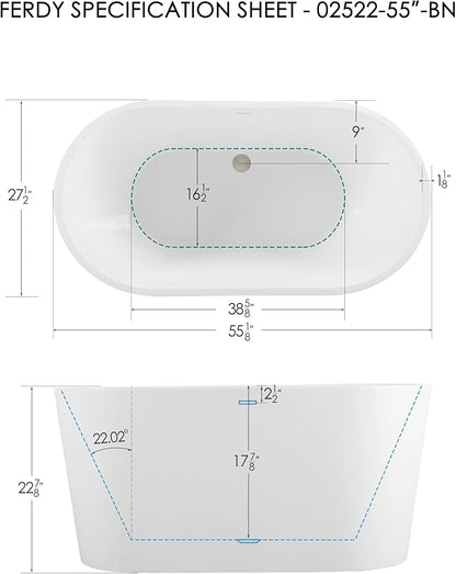 FerdY Luzon 55" Acrylic Freestanding Bathtub, Ergonomic Lightweight Classic Oval Soaking Bathtub with Brushed Nickel Drain, Minimalist Linear Design Overflow, Modern White