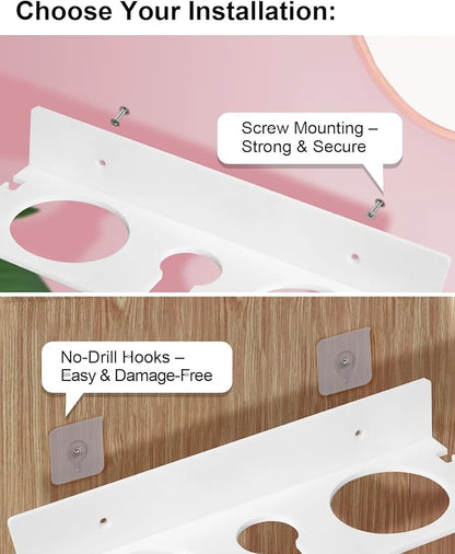 Hair Tool Organizer, Hair Dryer Holder with Heatproof Steel Cups, Acrylic Vanity Organizer for Curling Iron, Flat Iron & Hair Brushes, Perfect for Bathroom (White, Compact)