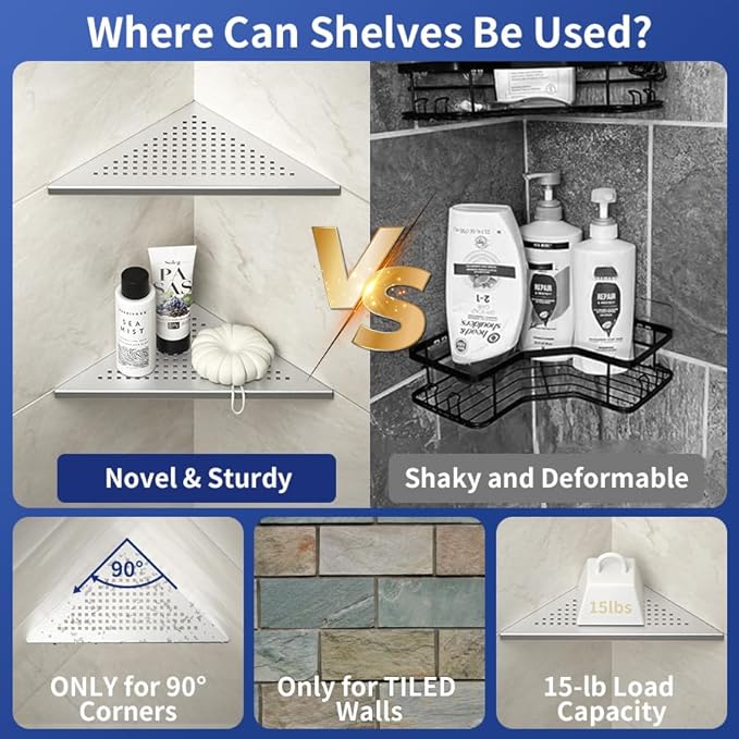 Corner Shower Shelf, 304 Stainless Steel 10" Brushed Recessed Shelf for Bathroom, Grout in Shelf for Tiled Wall
