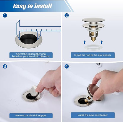 Hibbent All Metal 2 in 1 Bathroom Sink Stopper, Universal Pop Up Drain Strainer, Brass Bullet Core Push Type Sink Stopper for 1.1''~2.3'' Basin, Big Push Button, Anti Clogging Filter, Brushed Nickel