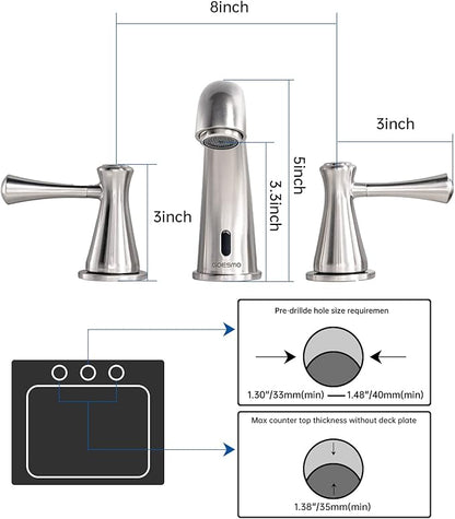 Touchless Bathroom Faucet for 3 Holes with 3 Handles, Controlling Temperature & Adjustable Water Flow, Short & Long Induction Modes, Auto Motion Sensor Brushed Nickel Bathroom Faucet Set 29180