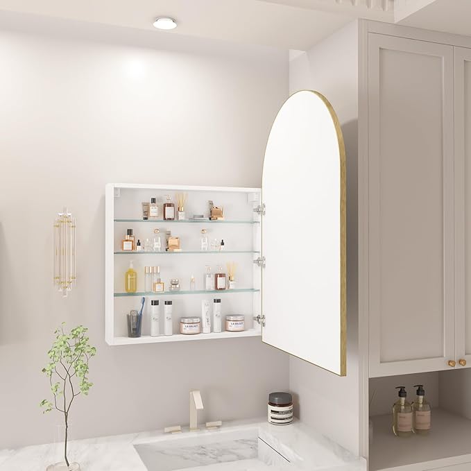 FKWin Gold Bathroom Medicine Cabinet for Left or Right Opening, Surface Mount Medicine Cabinet not Recessed, Modern Vanity Bathroom Mirror with Storage, Gold, 24x36 inch