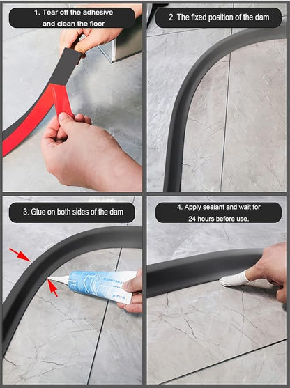 98Inch Collapsible Shower Threshold Water Dam 2" High Shower Barrier Water Stopper 2" Tall Shower Water Guard To Keep Water In Shower Dry And Wet Separation Bathroom Wheelchair Accessible Black