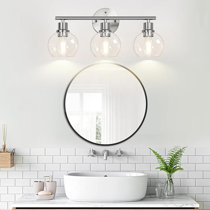 3-Light Bathroom Light Fixtures, Brushed Nickel Modern Vanity Lights Over Mirror with Clear Glass Globe Shade, Bathroom Wall Sconces for Mirror Kitchen Living Room Hallway Cabinet Bedroom Porch